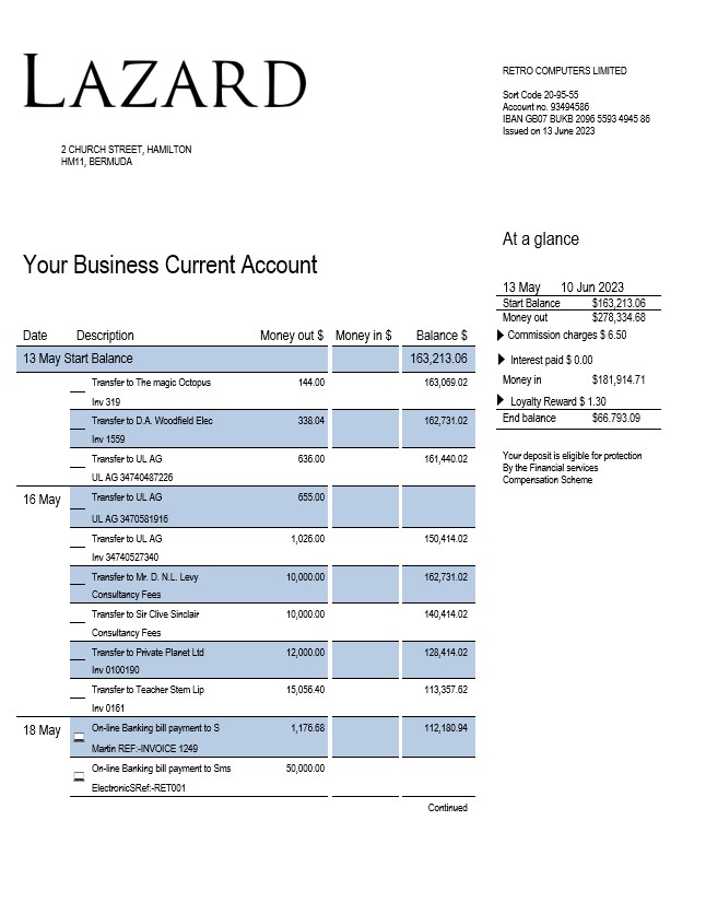 Modèle Word et PDF de relevé d'activité de la Banque Lazard